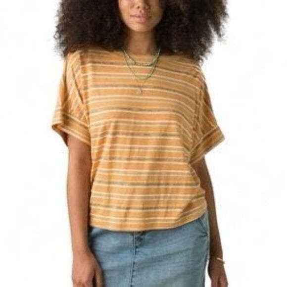 PRANA Women’s Yellow Brown White Striped Short Sleeve Relaxed Fit Top Size XS - Picture 1 of 5